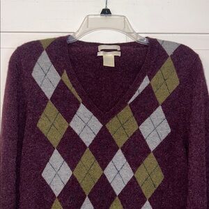 KEIRA Women Argyle Sweater Purple Medium 100% Cashmere Preppy Heritage Old Money